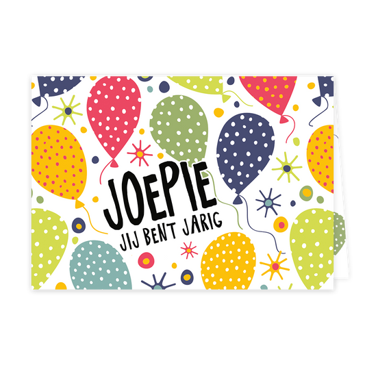 Joepie jij bent jarig - Formaat: Klein - Vorm: Liggend - Verjaardagskaart - Op deze wenskaart staan ballonnen in de kleuren groen, blauw, rood en oranje met in het midden de tekst: "Joepie jij bent jarig". - Snelwenskaart