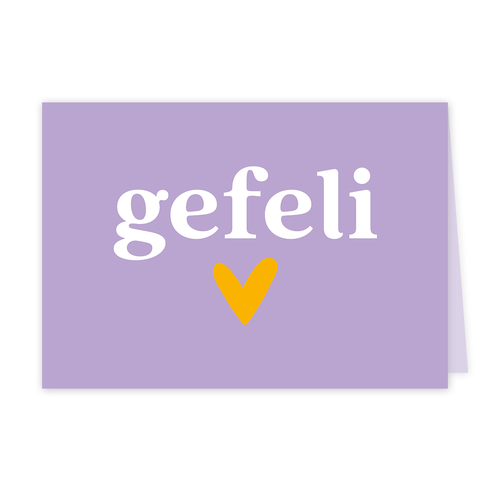 Op deze wenskaart staat een hart met daarboven de tekst: "Gefeli".