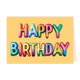 Happy birthday - Formaat: Klein - Vorm: Liggend - Verjaardagskaart - Op deze wenskaart staat een vrolijk en kleurrijk ontwerp tegen een egale, lichtgele achtergrond. Centraal op de kaart staat de tekst "HAPPY BIRTHDAY" in de vorm van glanzende folieballonnen. Elke letter heeft een levendig verloop van regenboogkleuren, variërend van blauw en groen tot roze, oranje en geel. De ballonnen hebben een realistisch 3D-effect met glimmers, wat de suggestie wekt van opgeblazen feestballonnen. - Snelwenskaart