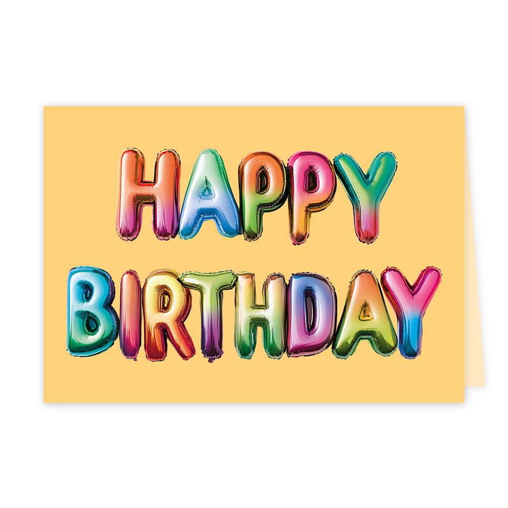 Op deze wenskaart staat een vrolijk en kleurrijk ontwerp tegen een egale, lichtgele achtergrond. Centraal op de kaart staat de tekst "HAPPY BIRTHDAY" in de vorm van glanzende folieballonnen. Elke letter heeft een levendig verloop van regenboogkleuren, variërend van blauw en groen tot roze, oranje en geel. De ballonnen hebben een realistisch 3D-effect met glimmers, wat de suggestie wekt van opgeblazen feestballonnen.