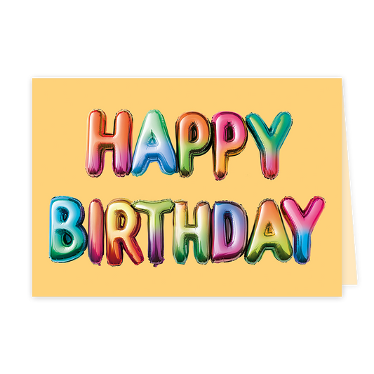 Op deze wenskaart staat een vrolijk en kleurrijk ontwerp tegen een egale, lichtgele achtergrond. Centraal op de kaart staat de tekst "HAPPY BIRTHDAY" in de vorm van glanzende folieballonnen. Elke letter heeft een levendig verloop van regenboogkleuren, variërend van blauw en groen tot roze, oranje en geel. De ballonnen hebben een realistisch 3D-effect met glimmers, wat de suggestie wekt van opgeblazen feestballonnen.