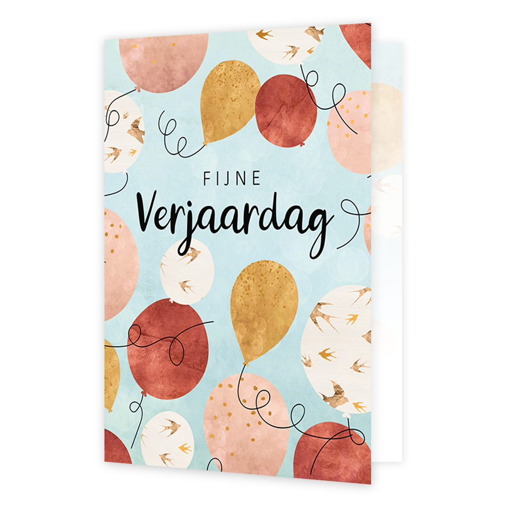 Fijne verjaardag - Formaat: Klein - Vorm: Staand - Verjaardagskaart - Op deze wenskaart staan ballonnen in de kleuren goud, bruin, beige en wit, met in het midden de tekst: "Fijne verjaardag". - Snelwenskaart