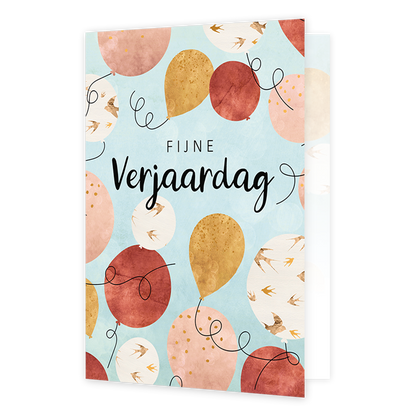 Fijne verjaardag - Formaat: Klein - Vorm: Staand - Verjaardagskaart - Op deze wenskaart staan ballonnen in de kleuren goud, bruin, beige en wit, met in het midden de tekst: "Fijne verjaardag". - Snelwenskaart