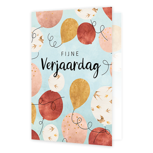 Fijne verjaardag - Formaat: Klein - Vorm: Staand - Verjaardagskaart - Op deze wenskaart staan ballonnen in de kleuren goud, bruin, beige en wit, met in het midden de tekst: "Fijne verjaardag". - Snelwenskaart