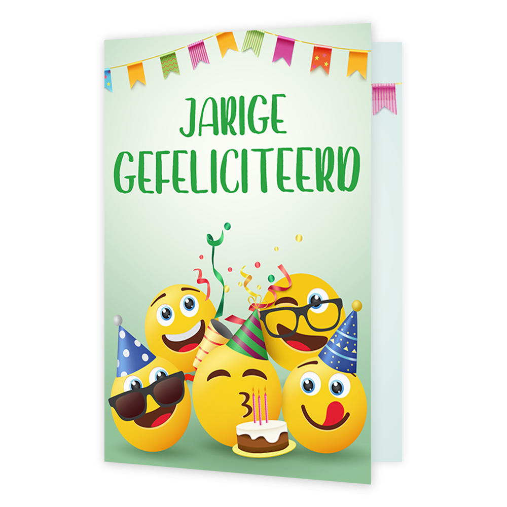 Jarige gefeliciteerd - Formaat: Klein - Vorm: Staand - Verjaardagskaart - Op deze wenskaart staan smileys met feesthoedjes op en een taart, met in het midden de tekst: "Jarige gefeliciteerd". - Snelwenskaart