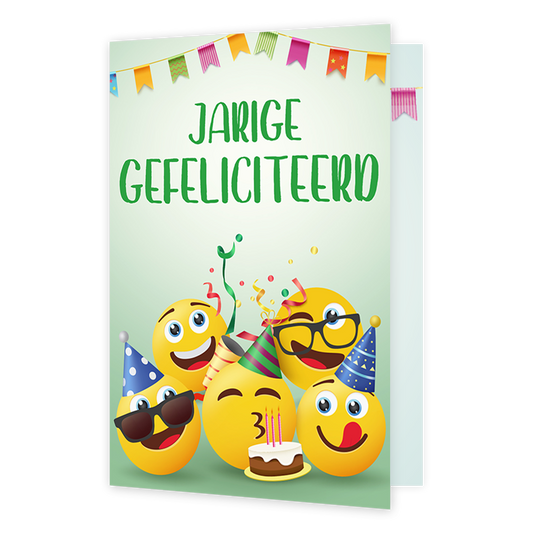 Jarige gefeliciteerd - Formaat: Klein - Vorm: Staand - Verjaardagskaart - Op deze wenskaart staan smileys met feesthoedjes op en een taart, met in het midden de tekst: "Jarige gefeliciteerd". - Snelwenskaart