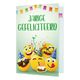 Jarige gefeliciteerd - Formaat: Klein - Vorm: Staand - Verjaardagskaart - Op deze wenskaart staan smileys met feesthoedjes op en een taart, met in het midden de tekst: "Jarige gefeliciteerd". - Snelwenskaart