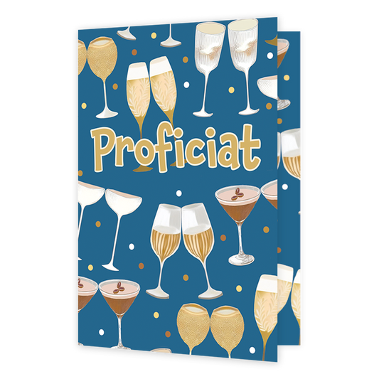 Proficiat - Formaat: Klein - Vorm: Staand - Felicitatiekaart - Op deze wenskaart staan wijnglazen, champagneglazen en cocktailglazen op een blauwe achtergrond. In het midden staat de tekst: "Proficiat". - Snelwenskaart