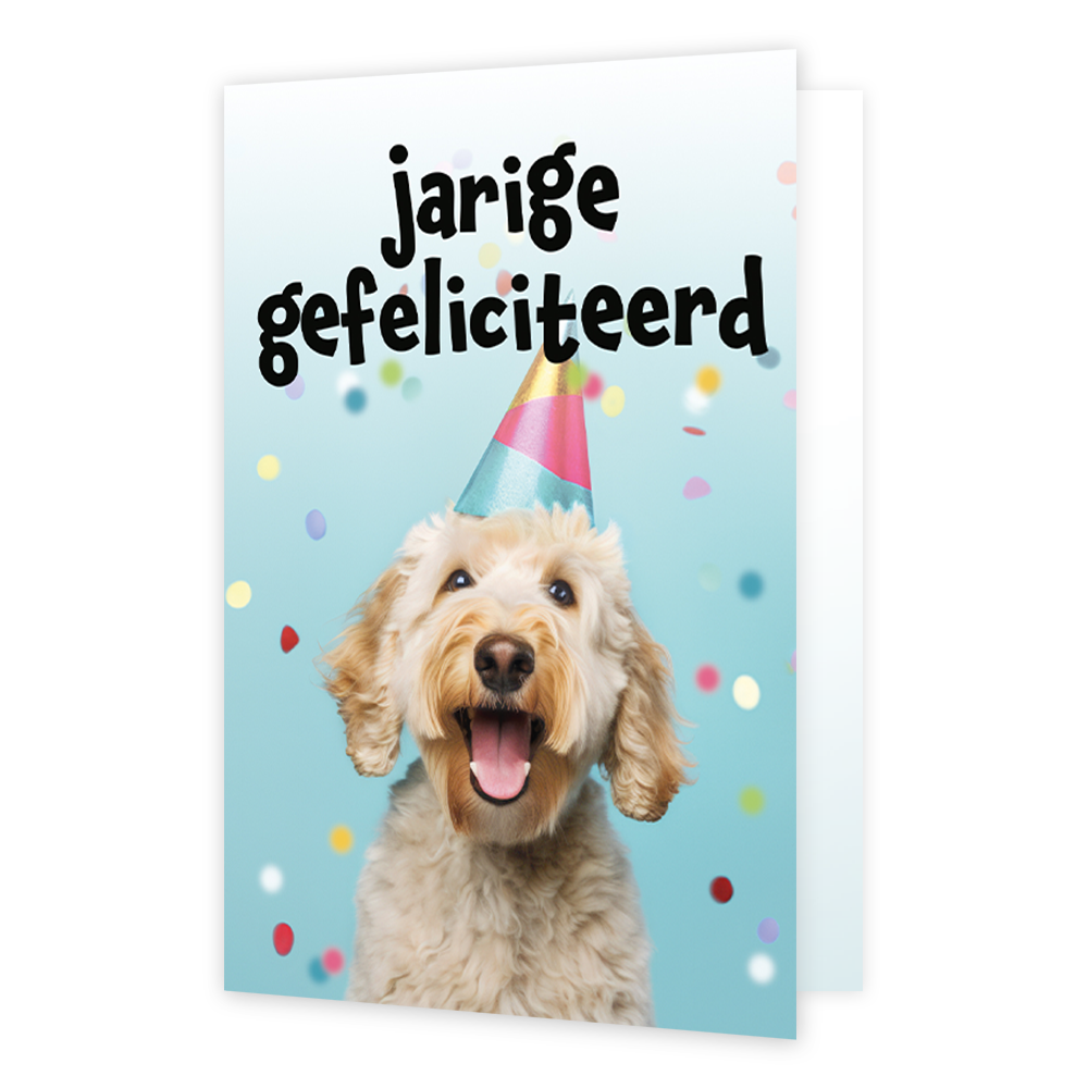 Jarige gefeliciteerd - Formaat: Klein - Vorm: Staand - Verjaardagskaart - Op deze wenskaart staat een hond met een feesthoedje op en daarboven de tekst: "Jarige gefeliciteerd". - Snelwenskaart