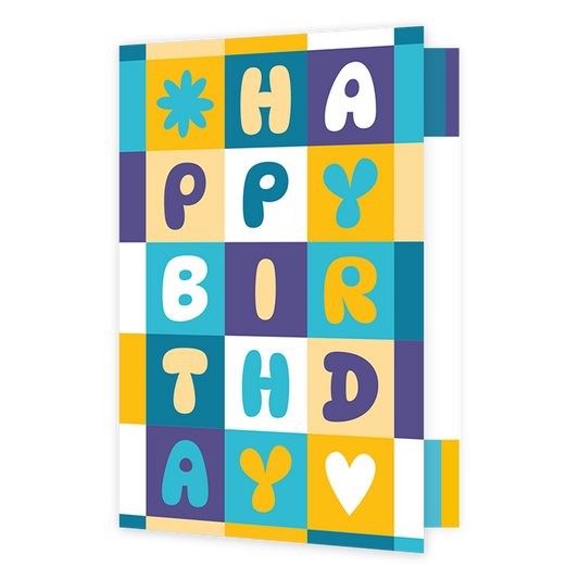 Happy birthday - Formaat: Klein - Vorm: Staand - Felicitatiekaart - Op deze wenskaart staan gekleurde vakken met in die vakken de tekst: "Happy birthday". - Snelwenskaart