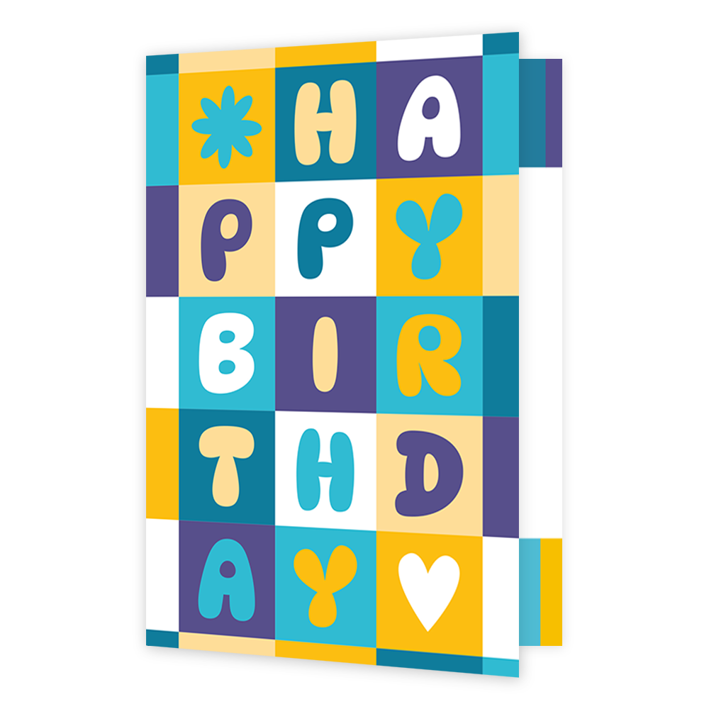Op deze wenskaart staan gekleurde vakken met in die vakken de tekst: "Happy birthday". 