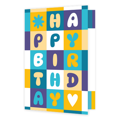 Op deze wenskaart staan gekleurde vakken met in die vakken de tekst: "Happy birthday". 