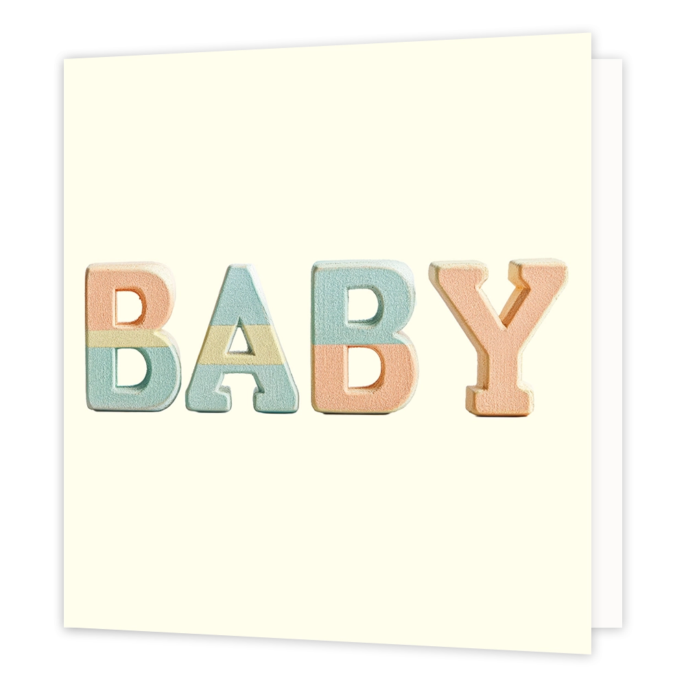 Baby - Formaat: Standaard - Vorm: Vierkant - Geboortekaart - Op deze wenskaart staat een illustratie met de tekst "BABY", gevormd door losse letters. De letters zijn gekleurd in pastelteinten zoals perzikroze, lichtblauw en geel tegen een lichte achtergrond. De letters hebben een driedimensionaal uiterlijk en staan op een rij naast elkaar gepositioneerd. - Snelwenskaart