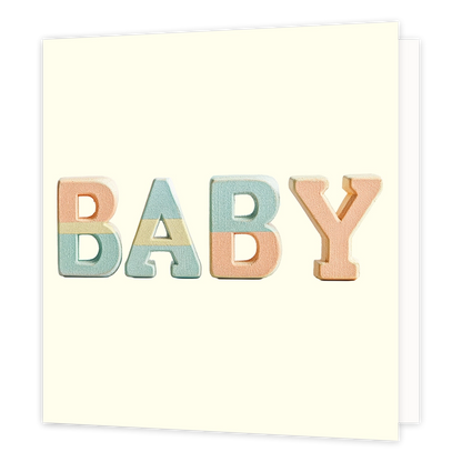 Baby - Formaat: Standaard - Vorm: Vierkant - Geboortekaart - Op deze wenskaart staat een illustratie met de tekst "BABY", gevormd door losse letters. De letters zijn gekleurd in pastelteinten zoals perzikroze, lichtblauw en geel tegen een lichte achtergrond. De letters hebben een driedimensionaal uiterlijk en staan op een rij naast elkaar gepositioneerd. - Snelwenskaart
