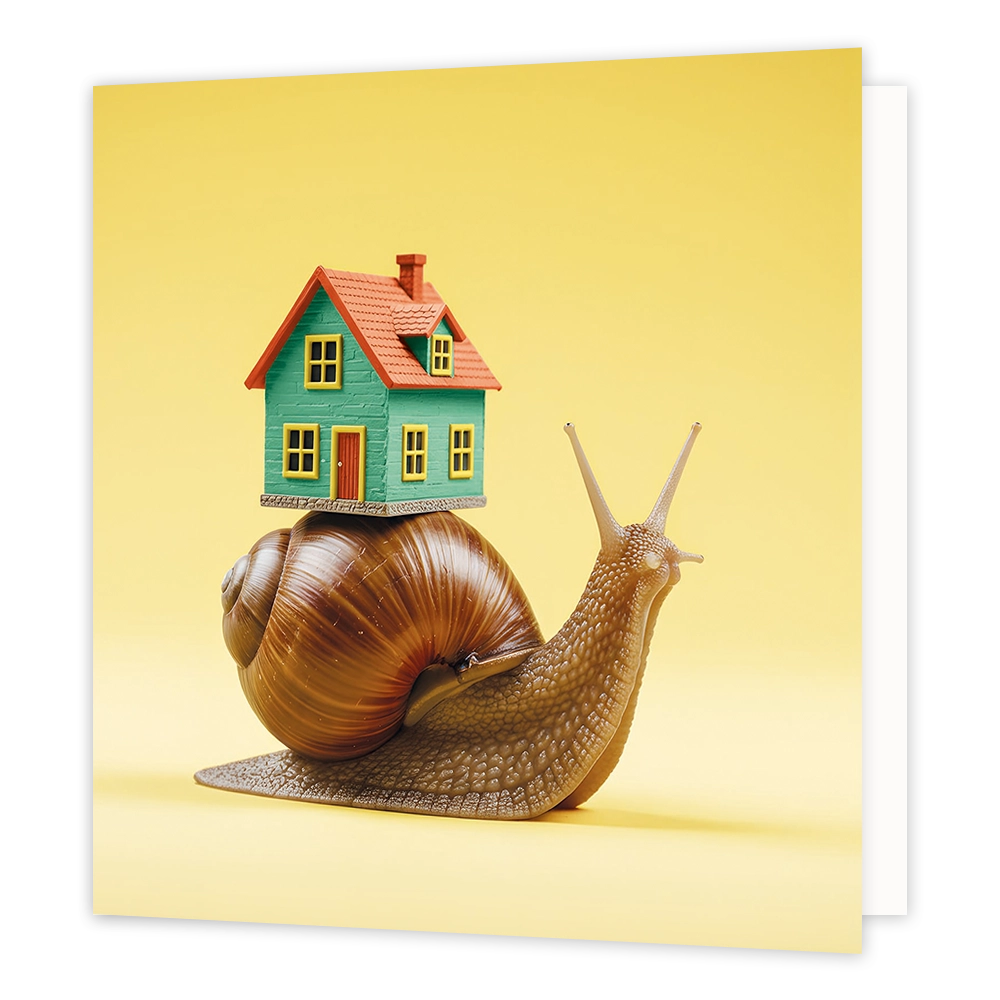 Slakkenhuis - Formaat: Standaard - Vorm: Vierkant - Woningkaart - Op deze wenskaart staat een illustratie van een slak met op zijn schelp een klein, groen speelgoedhuisje met een rood dak geplaatst. Het tafereel bevindt zich tegen een effen gele achtergrond. Er is geen tekst op de illustratie zichtbaar. - Snelwenskaart
