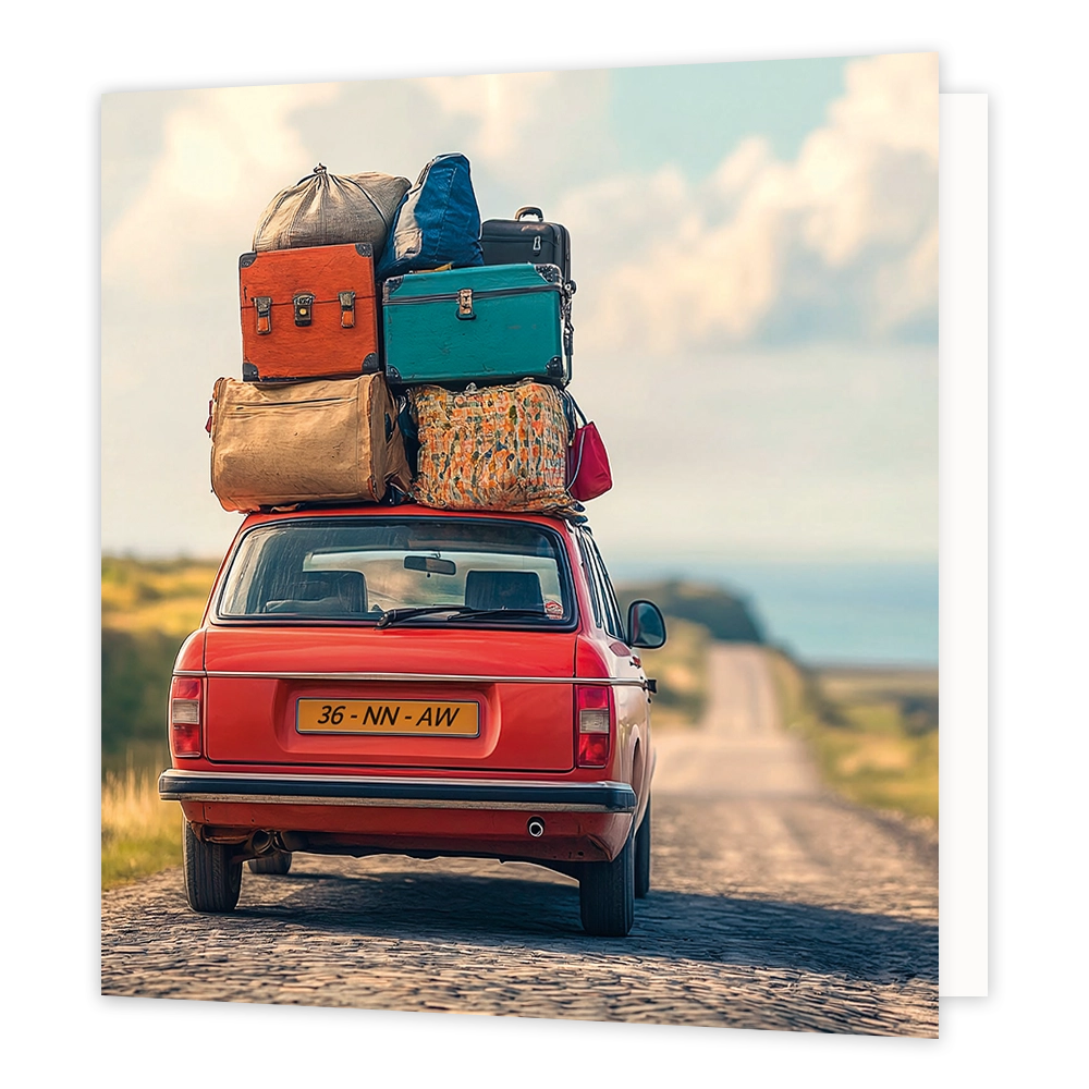Volgepakte auto - Formaat: Standaard - Vorm: Vierkant - Blanco kaart - Op deze wenskaart staat een illustratie van een rode auto die over een landweg rijdt, zwaar beladen met een grote stapel koffers, tassen en zakken op het dak. De auto rijdt van de kijker af op een landweg onder een bewolkte lucht. - Snelwenskaart