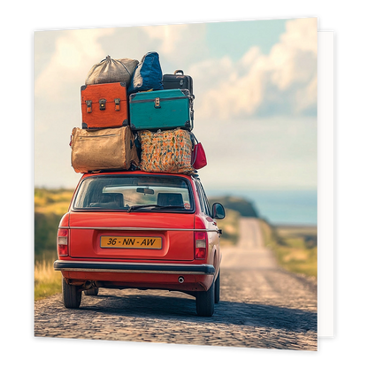 Volgepakte auto - Formaat: Standaard - Vorm: Vierkant - Blanco kaart - Op deze wenskaart staat een illustratie van een rode auto die over een landweg rijdt, zwaar beladen met een grote stapel koffers, tassen en zakken op het dak. De auto rijdt van de kijker af op een landweg onder een bewolkte lucht. - Snelwenskaart