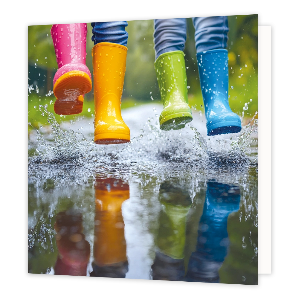 Waterplassen - Formaat: Standaard - Vorm: Vierkant - Blanco kaart - Op deze wenskaart staat een illustratie van vier gekleurde regenlaarzen in de kleuren roze, geel, groen en blauw. De laarzen behoren tot personen die door een plas water springen, wat zorgt voor opspattend water en regendruppels rondom de benen. In het water beneden is een duidelijke weerspiegeling van de gekleurde laarzen te zien. Er is geen tekst op de illustratie zichtbaar. - Snelwenskaart