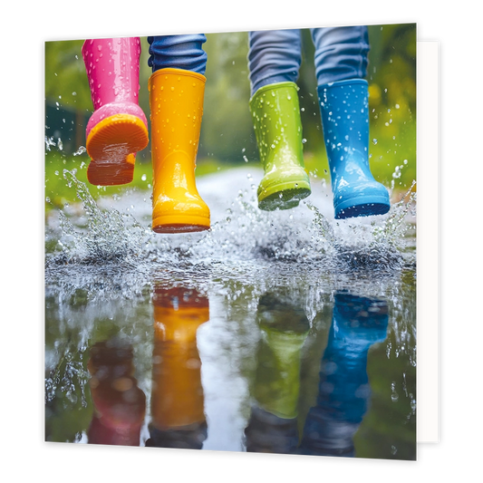 Waterplassen - Formaat: Standaard - Vorm: Vierkant - Blanco kaart - Op deze wenskaart staat een illustratie van vier gekleurde regenlaarzen in de kleuren roze, geel, groen en blauw. De laarzen behoren tot personen die door een plas water springen, wat zorgt voor opspattend water en regendruppels rondom de benen. In het water beneden is een duidelijke weerspiegeling van de gekleurde laarzen te zien. Er is geen tekst op de illustratie zichtbaar. - Snelwenskaart
