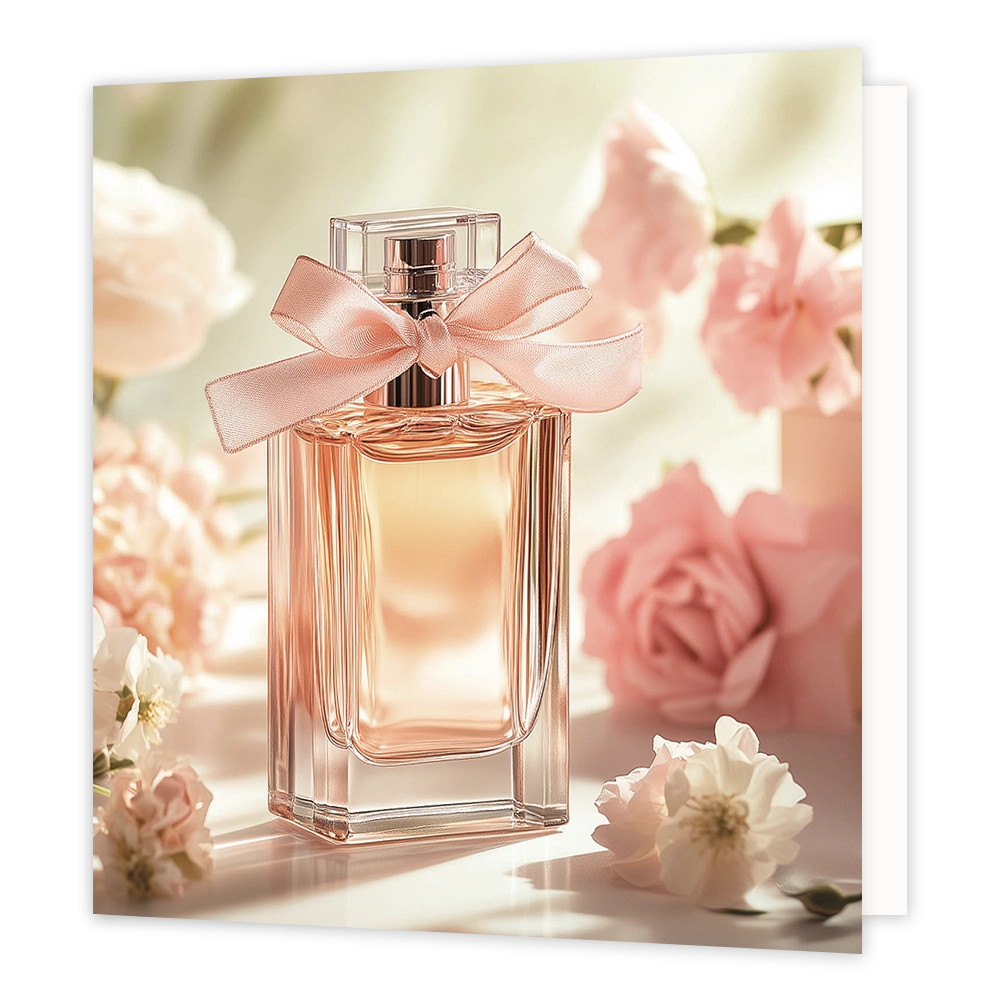 Parfum - Formaat: Standaard - Vorm: Vierkant - Blanco kaart - Op deze wenskaart staat een illustratie van een glazen parfumflesje met een helderroze lint dat om de hals is gestrikt. Het flesje is gevuld met een goudkleurige vloeistof en staat centraal opgesteld. Rondom het parfumflesje bevinden zich diverse roze en witte rozen en bloemblaadjes in een zachte belichting. Er is geen tekst op de illustratie zichtbaar. - Snelwenskaart