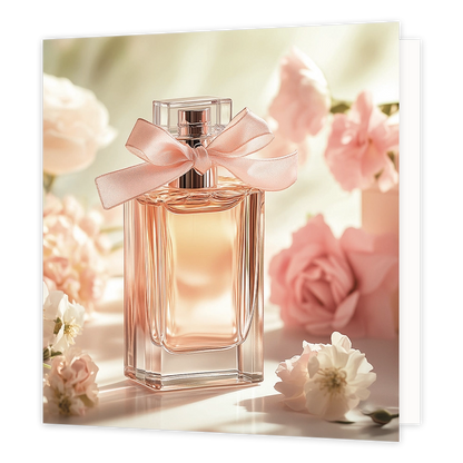 Parfum - Formaat: Standaard - Vorm: Vierkant - Blanco kaart - Op deze wenskaart staat een illustratie van een glazen parfumflesje met een helderroze lint dat om de hals is gestrikt. Het flesje is gevuld met een goudkleurige vloeistof en staat centraal opgesteld. Rondom het parfumflesje bevinden zich diverse roze en witte rozen en bloemblaadjes in een zachte belichting. Er is geen tekst op de illustratie zichtbaar. - Snelwenskaart
