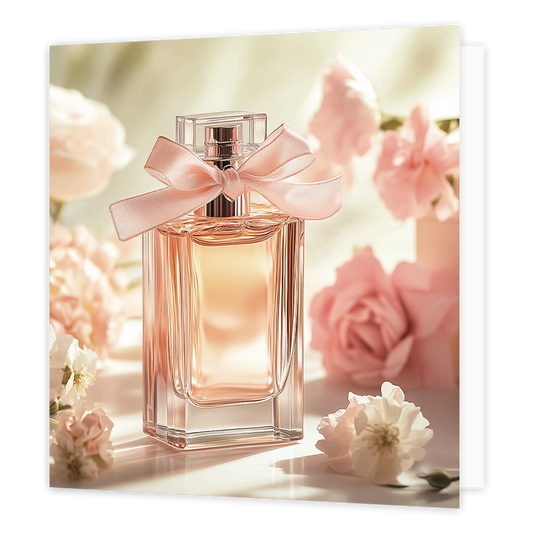 Parfum - Formaat: Standaard - Vorm: Vierkant - Blanco kaart - Op deze wenskaart staat een illustratie van een glazen parfumflesje met een helderroze lint dat om de hals is gestrikt. Het flesje is gevuld met een goudkleurige vloeistof en staat centraal opgesteld. Rondom het parfumflesje bevinden zich diverse roze en witte rozen en bloemblaadjes in een zachte belichting. Er is geen tekst op de illustratie zichtbaar. - Snelwenskaart