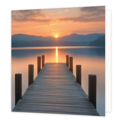 Ondergaande zon - Formaat: Standaard - Vorm: Vierkant - Blanco kaart - Op deze wenskaart staat een illustratie van een houten steiger die over een rustig wateroppervlak naar een zonsondergang of zonsopgang leidt. Aan weerszijden van de steiger steken houten palen omhoog en op de achtergrond zijn bergen en een oranjegekleurde lucht te zien. Er is geen tekst op de illustratie zichtbaar. - Snelwenskaart