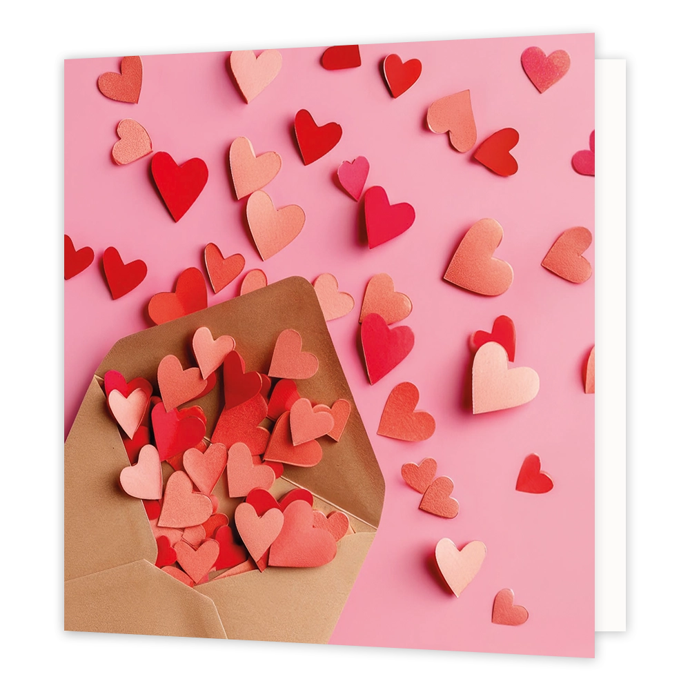 Hartjes post - Formaat: Standaard - Vorm: Vierkant - Blanco kaart - Op deze wenskaart staat een illustratie van een open bruine envelop die gevuld is met een groot aantal uitgesneden papieren hartjes in diverse roze en rode tinten. Buiten de envelop verspreiden nog vele andere vergelijkbare papieren hartjes zich over de roze achtergrond. Er is geen tekst op de illustratie zichtbaar. - Snelwenskaart