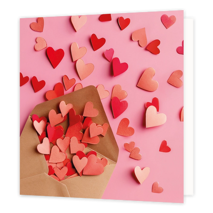 Hartjes post - Formaat: Standaard - Vorm: Vierkant - Blanco kaart - Op deze wenskaart staat een illustratie van een open bruine envelop die gevuld is met een groot aantal uitgesneden papieren hartjes in diverse roze en rode tinten. Buiten de envelop verspreiden nog vele andere vergelijkbare papieren hartjes zich over de roze achtergrond. Er is geen tekst op de illustratie zichtbaar. - Snelwenskaart