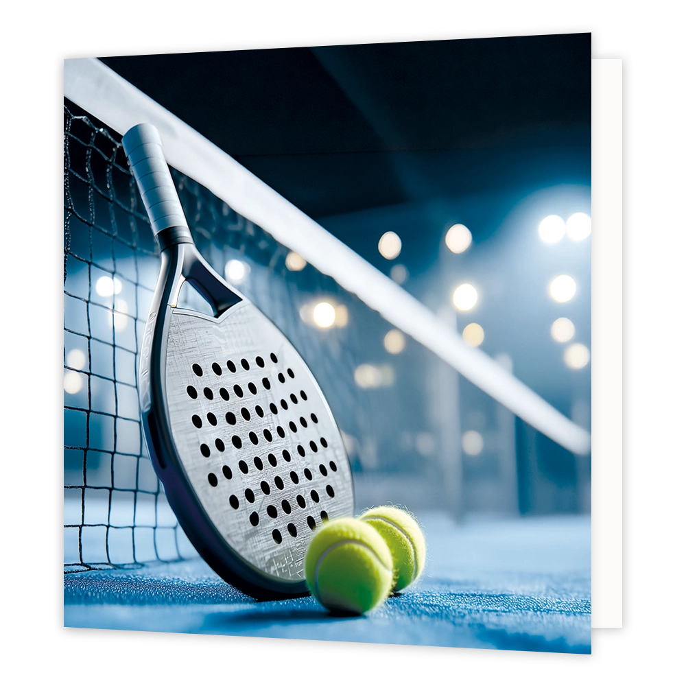 Padellen - Formaat: Standaard - Vorm: Vierkant - Blanco kaart - Op deze wenskaart staat een illustratie van een padelracket dat tegen een net leunt op een blauwe padelbaan. Er liggen twee gele padelballen voor het racket op de grond. De achtergrond is sfeervol verlicht met schijnwerpers in een indoor sportomgeving. Er is geen tekst op de illustratie zichtbaar. - Snelwenskaart