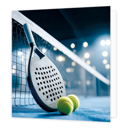 Padellen - Formaat: Standaard - Vorm: Vierkant - Blanco kaart - Op deze wenskaart staat een illustratie van een padelracket dat tegen een net leunt op een blauwe padelbaan. Er liggen twee gele padelballen voor het racket op de grond. De achtergrond is sfeervol verlicht met schijnwerpers in een indoor sportomgeving. Er is geen tekst op de illustratie zichtbaar. - Snelwenskaart