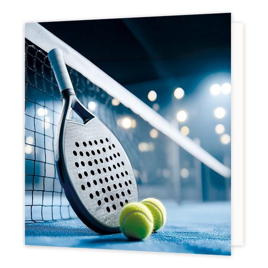 Padellen - Formaat: Standaard - Vorm: Vierkant - Blanco kaart - Op deze wenskaart staat een illustratie van een padelracket dat tegen een net leunt op een blauwe padelbaan. Er liggen twee gele padelballen voor het racket op de grond. De achtergrond is sfeervol verlicht met schijnwerpers in een indoor sportomgeving. Er is geen tekst op de illustratie zichtbaar. - Snelwenskaart