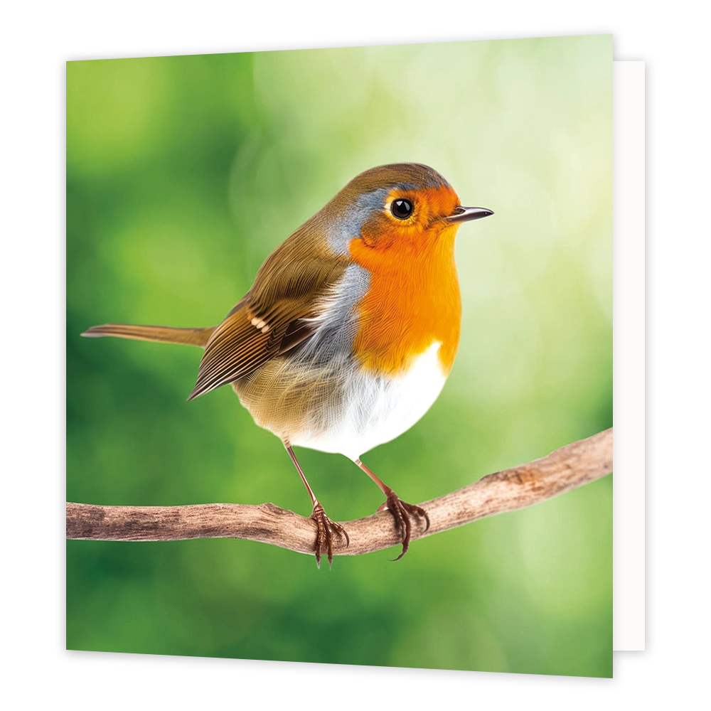 Roodborstje - Formaat: Standaard - Vorm: Vierkant - Blanco kaart - Op deze wenskaart staat een illustratie van een roodborstje dat op een dunne houten tak zit. Het vogeltje heeft een kenmerkende oranjerode borst en gezicht, bruine vleugels en een wit buikje, tegen een zachtende, groene achtergrond. Er is geen tekst op de illustratie zichtbaar. - Snelwenskaart