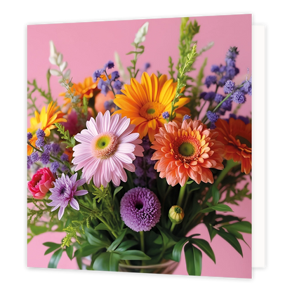 Bloemenboeket - Formaat: Standaard - Vorm: Vierkant - Blanco kaart - Op deze wenskaart staat een illustratie van een kleurrijk en gevarieerd boeket bloemen, met onder andere grote roze, oranje en gele gerbera's, paarse bolvormige bloemen en fijn groen blad tegen een effen roze achtergrond. Er is geen tekst op de illustratie zichtbaar. - Snelwenskaart