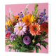 Bloemenboeket - Formaat: Standaard - Vorm: Vierkant - Blanco kaart - Op deze wenskaart staat een illustratie van een kleurrijk en gevarieerd boeket bloemen, met onder andere grote roze, oranje en gele gerbera's, paarse bolvormige bloemen en fijn groen blad tegen een effen roze achtergrond. Er is geen tekst op de illustratie zichtbaar. - Snelwenskaart