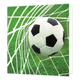 Voetbal - Formaat: Standaard - Vorm: Vierkant - Blanco kaart - Op deze wenskaart staat een illustratie van een klassieke zwart-wit gevoerde voetbal die net in het doel hangt, vast in de witte netten. Op de achtergrond is het groene gras van het voetbalveld zichtbaar. Er is geen tekst op de illustratie zichtbaar. - Snelwenskaart