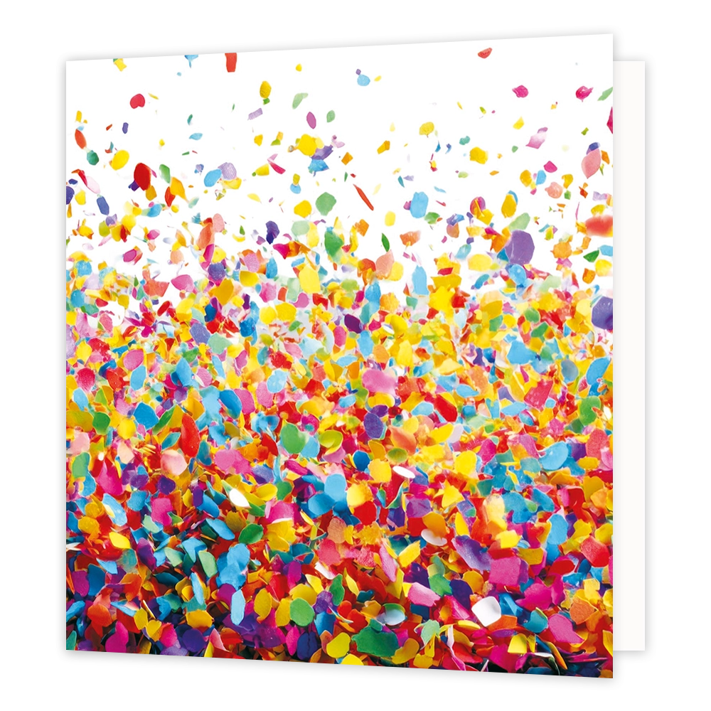 Confetti - Formaat: Standaard - Vorm: Vierkant - Blanco kaart - Op deze wenskaart staat een illustratie van een explosie van kleurrijke confetti in diverse tinten zoals geel, rood, blauw, groen, roze en paars. De confetti is dichter op elkaar gepakt aan de onderzijde en dwarrelt naar boven uit over een witte achtergrond. Er is geen tekst op de illustratie te zien. - Snelwenskaart