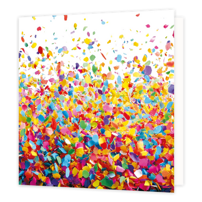 Confetti - Formaat: Standaard - Vorm: Vierkant - Blanco kaart - Op deze wenskaart staat een illustratie van een explosie van kleurrijke confetti in diverse tinten zoals geel, rood, blauw, groen, roze en paars. De confetti is dichter op elkaar gepakt aan de onderzijde en dwarrelt naar boven uit over een witte achtergrond. Er is geen tekst op de illustratie te zien. - Snelwenskaart