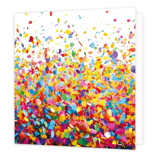 Confetti - Formaat: Standaard - Vorm: Vierkant - Blanco kaart - Op deze wenskaart staat een illustratie van een explosie van kleurrijke confetti in diverse tinten zoals geel, rood, blauw, groen, roze en paars. De confetti is dichter op elkaar gepakt aan de onderzijde en dwarrelt naar boven uit over een witte achtergrond. Er is geen tekst op de illustratie te zien. - Snelwenskaart