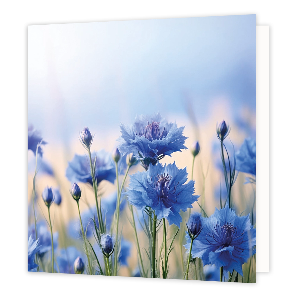 Korenbloemen - Formaat: Standaard - Vorm: Vierkant - Blanco kaart - Op deze wenskaart staat een illustratie van een veld met blauwe korenbloemen in volle bloei, afgewisseld met ongeopende bloemknoppen op slanke stelen. De bloemen worden van onderen af belicht tegen een zachte, lichte achtergrond van een vage hemel. Er is geen tekst op de illustratie zichtbaar. - Snelwenskaart