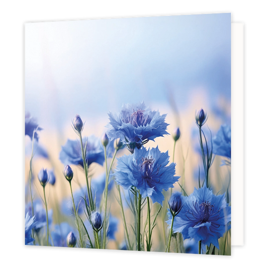 Korenbloemen - Formaat: Standaard - Vorm: Vierkant - Blanco kaart - Op deze wenskaart staat een illustratie van een veld met blauwe korenbloemen in volle bloei, afgewisseld met ongeopende bloemknoppen op slanke stelen. De bloemen worden van onderen af belicht tegen een zachte, lichte achtergrond van een vage hemel. Er is geen tekst op de illustratie zichtbaar. - Snelwenskaart