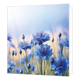 Korenbloemen - Formaat: Standaard - Vorm: Vierkant - Blanco kaart - Op deze wenskaart staat een illustratie van een veld met blauwe korenbloemen in volle bloei, afgewisseld met ongeopende bloemknoppen op slanke stelen. De bloemen worden van onderen af belicht tegen een zachte, lichte achtergrond van een vage hemel. Er is geen tekst op de illustratie zichtbaar. - Snelwenskaart