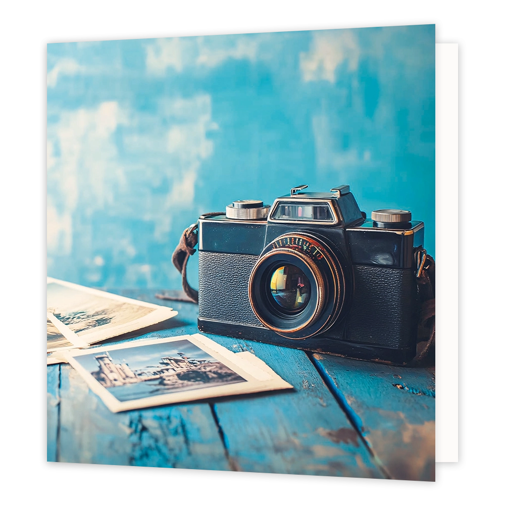 Fotocamera - Formaat: Standaard - Vorm: Vierkant - Blanco kaart - Op deze wenskaart staat een illustratie van een vintage, donkere fotocamera met een leren riem, die op een verweerde blauwe houten ondergrond ligt. Naast de camera liggen enkele oude foto's met landschappen of gebouwen, tegen een achtergrond in blauw- en wittinten. Er is geen tekst op de illustratie zichtbaar. - Snelwenskaart