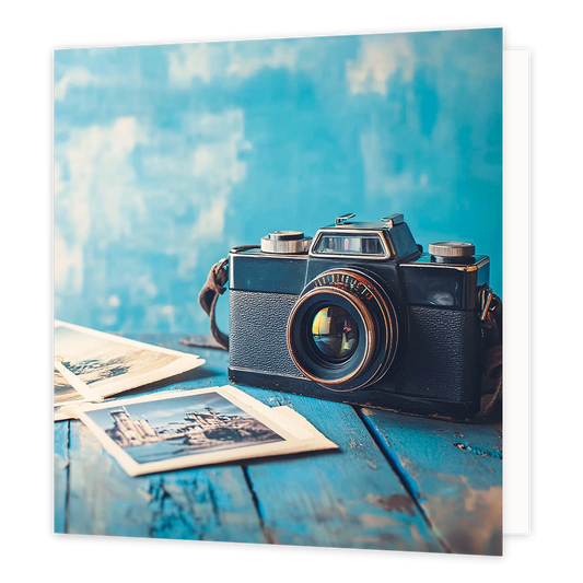 Fotocamera - Formaat: Standaard - Vorm: Vierkant - Blanco kaart - Op deze wenskaart staat een illustratie van een vintage, donkere fotocamera met een leren riem, die op een verweerde blauwe houten ondergrond ligt. Naast de camera liggen enkele oude foto's met landschappen of gebouwen, tegen een achtergrond in blauw- en wittinten. Er is geen tekst op de illustratie zichtbaar. - Snelwenskaart