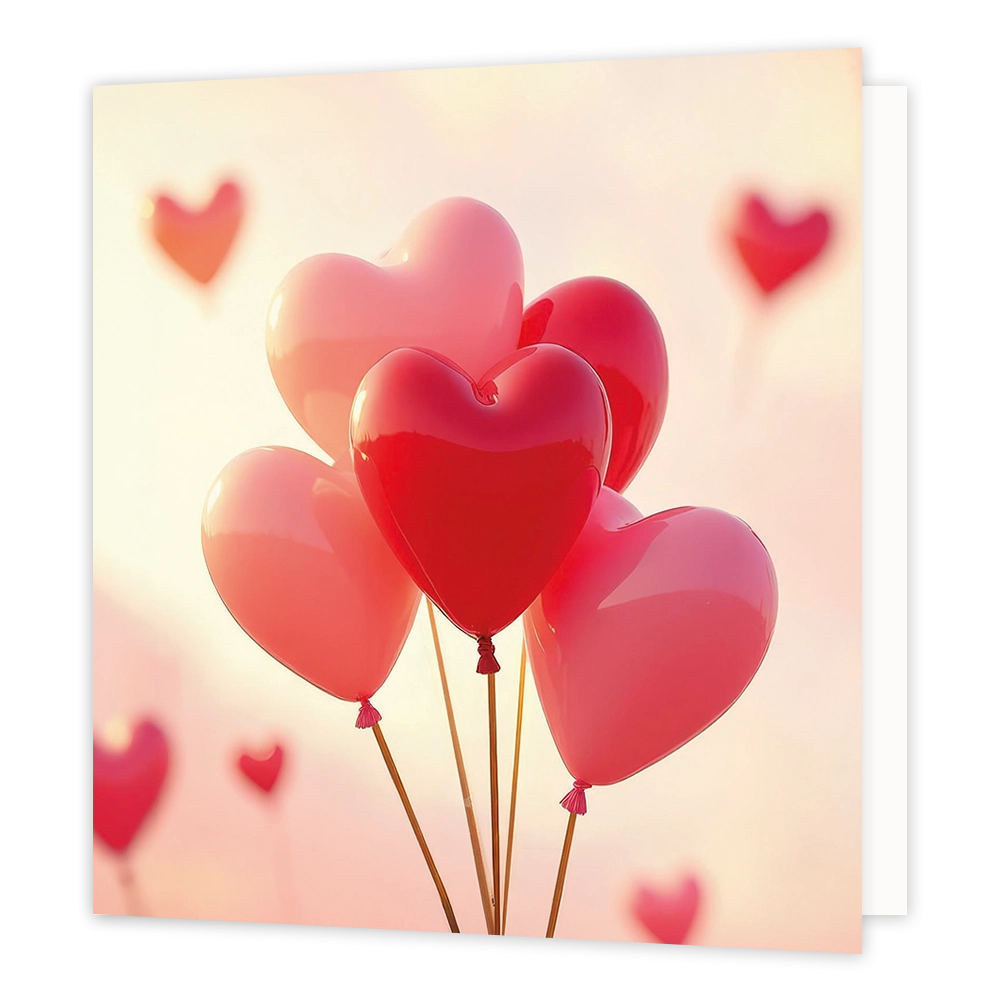 Hartjesballonnen - Formaat: Standaard - Vorm: Vierkant - Blanco kaart - Op deze wenskaart staat een illustratie van een tros hartvormige ballonnen in tinten rood en roze, die omhoogstijgen tegen een zachte, lichte achtergrond met wazige hartvormige accenten in de verte. Er is geen tekst op de illustratie zichtbaar. - Snelwenskaart