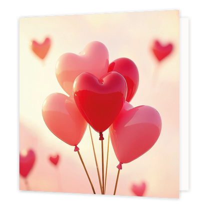 Hartjesballonnen - Formaat: Standaard - Vorm: Vierkant - Blanco kaart - Op deze wenskaart staat een illustratie van een tros hartvormige ballonnen in tinten rood en roze, die omhoogstijgen tegen een zachte, lichte achtergrond met wazige hartvormige accenten in de verte. Er is geen tekst op de illustratie zichtbaar. - Snelwenskaart