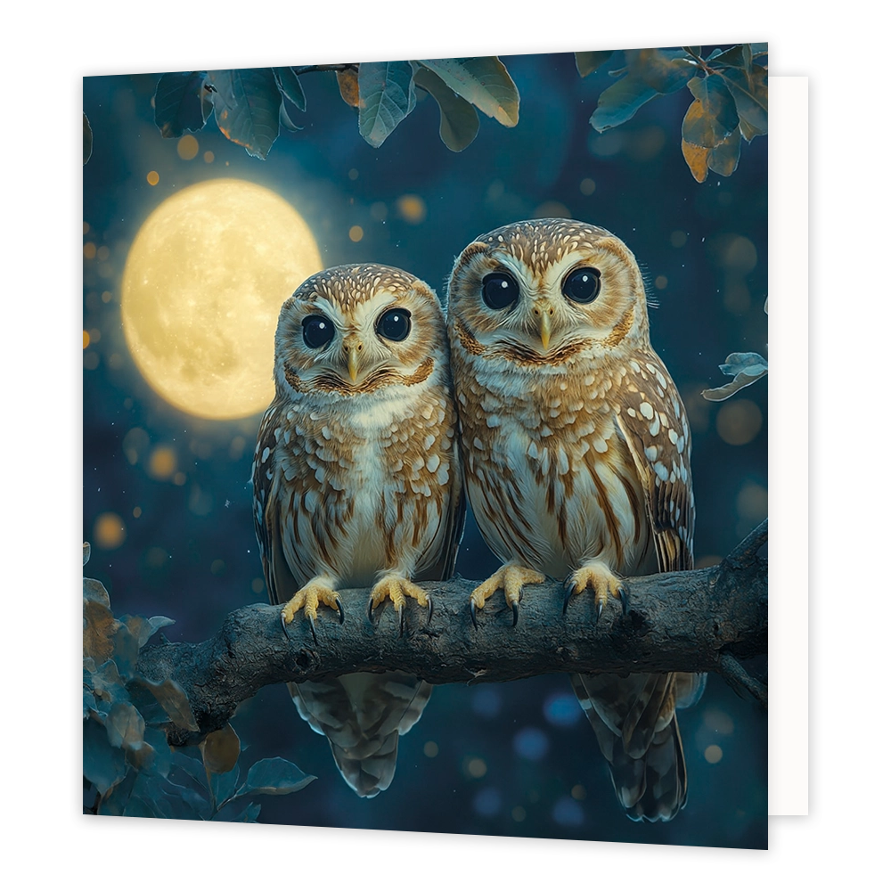 Uilen - Formaat: Standaard - Vorm: Vierkant - Blanco kaart - Op deze wenskaart staat een illustratie van twee uilen die knus naast elkaar op een boomtak zitten. De vogels hebben grote, ronde ogen en gedetailleerde bruine en witte veren. Op de achtergrond is een grote, heldere volle maan te zien te midden van een donkere nachthemel met sfeervolle lichtvlekjes en silhouetten van boombladeren. Er is geen tekst op de illustratie zichtbaar. - Snelwenskaart