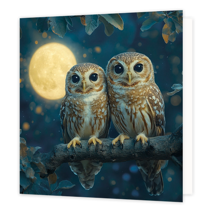 Uilen - Formaat: Standaard - Vorm: Vierkant - Blanco kaart - Op deze wenskaart staat een illustratie van twee uilen die knus naast elkaar op een boomtak zitten. De vogels hebben grote, ronde ogen en gedetailleerde bruine en witte veren. Op de achtergrond is een grote, heldere volle maan te zien te midden van een donkere nachthemel met sfeervolle lichtvlekjes en silhouetten van boombladeren. Er is geen tekst op de illustratie zichtbaar. - Snelwenskaart