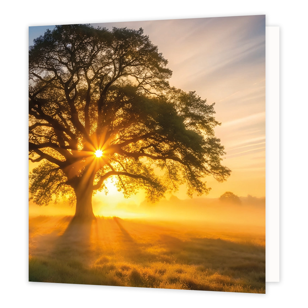 Zonsopkomst - Formaat: Standaard - Vorm: Vierkant - Blanco kaart - Op deze wenskaart staat een illustratie van een grote, oude boom in een mistig landschap tijdens een zonsopgang of zonsondergang. De stralen van de zon breken prachtig door de takken en het bladerdak van de boom heen, en werpen lange schaduwen over het veld. Er is geen tekst op de illustratie zichtbaar. - Snelwenskaart