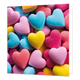 Hartjes snoepjes - Formaat: Standaard - Vorm: Vierkant - Blanco kaart - Op deze wenskaart staat een illustratie van een verzameling kleurrijke, hartvormige snoepjes in diverse pastel- en felle kleuren zoals blauw, roze, geel en oranje, dicht opeenvolgend opgestapeld. Er is geen tekst op de illustratie zichtbaar. - Snelwenskaart